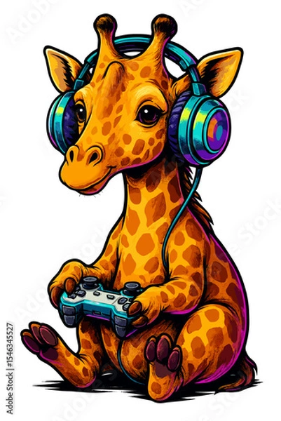 Fototapeta Cute giraffe with headphones and game controller vector illustration