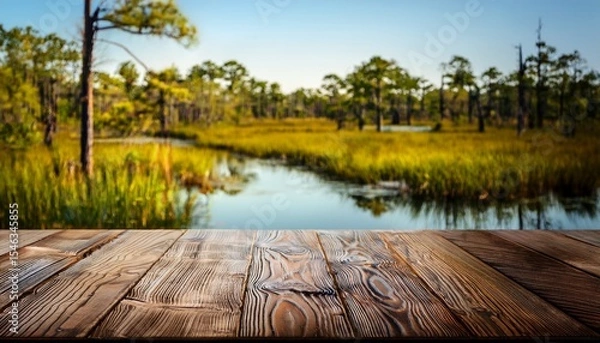 Obraz close up of rustic empty wooden table with blurred louisiana swamp background