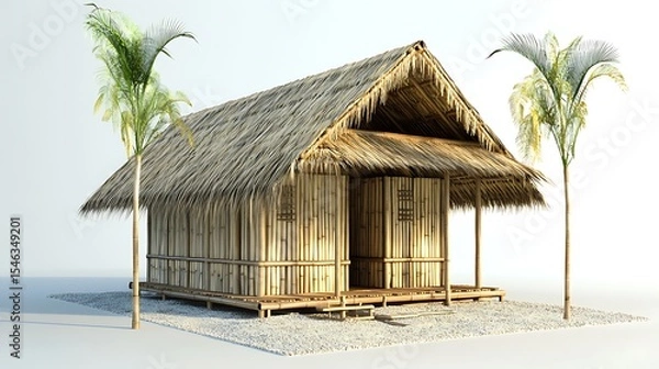 Fototapeta Simple Thatched Bamboo Hut with Palms