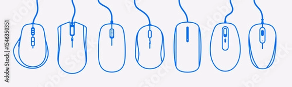 Fototapeta Vector set of various computer mice. Mouse isolated. Includes modern, wired and wireless designs. Ideal for tech, UI/UX, hardware icons, office setups, and digital device illustrations. Outline.