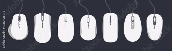 Fototapeta Vector set of various computer mice. Mouse isolated. Includes modern, wired, and wireless designs. Ideal for tech, UI/UX, hardware icons, office setups, and digital device illustrations. White color.