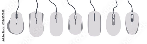 Fototapeta Vector set of various computer mice. Mouse isolated. Includes modern, wired, and wireless designs. Ideal for tech, UI/UX, hardware icons, office setups, and digital device illustrations. White color.
