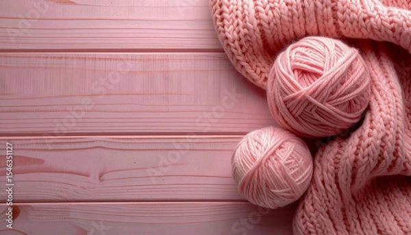 Fototapeta Knitting wool yarn balls in on a wooden table with copy space. Cozy knitting scene with warm texture, ideal for craft, handmade, or winter-themed designs.
