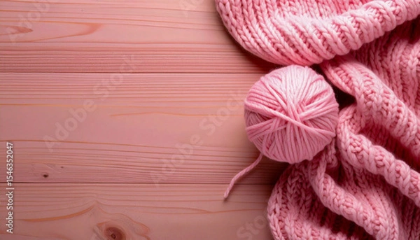 Fototapeta Knitting wool yarn balls in on a wooden table with copy space. Cozy knitting scene with warm texture, ideal for craft, handmade, or winter-themed designs.
