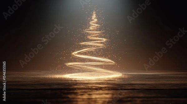Fototapeta Bright golden spiral forms a Christmas tree silhouette, sparkling particles and magical glow on a wooden surface, festive holiday spirit.