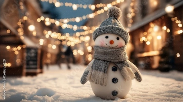 Fototapeta Cute snowman in knitted scarf and hat on snowy street, glowing holiday lights, cheerful winter scene with a big smile.