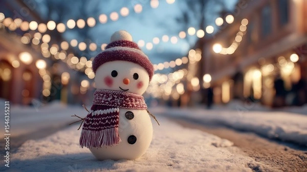 Fototapeta Happy snowman in red scarf and hat on a snowy city street, glowing lights, festive winter evening, joyful and playful character.