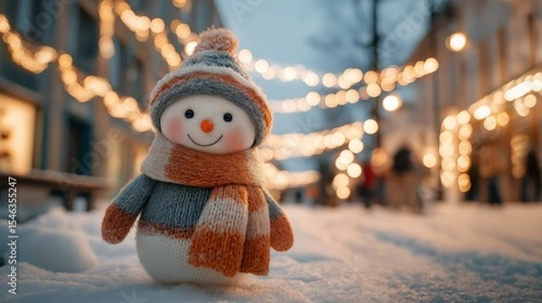 Fototapeta Smiling snowman in orange hat and scarf on snow, bokeh holiday lights in the background, festive city, joyful winter character.
