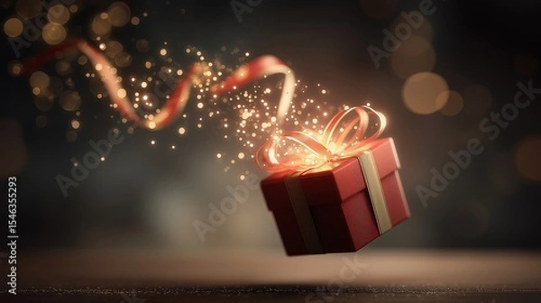 Fototapeta A red gift box with a ribbon and sparkling light, floating on a soft bokeh background, creating a festive and magical feeling.