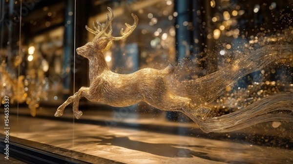 Fototapeta A golden reindeer made of glowing threads flying in a store window, surrounded by sparkling light, evoking holiday magic and wonder.