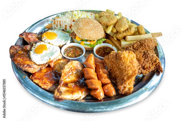 Fototapeta Top view of fried egg burger mix steak and sausage with sauce, focus selective