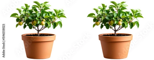 Obraz Young apple tree with green leaves in terracotta pot, isolated on transparent background PNG