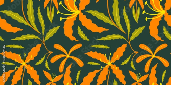 Fototapeta Seamless vector floral pattern with colorful flowers and green leaves, ideal for decorative design projects, arts and design use.