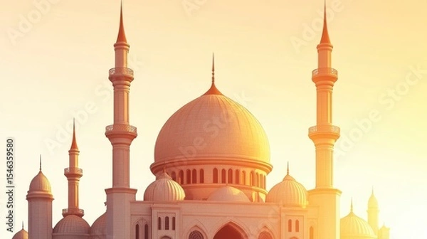 Obraz Majestic Mosque Against Sunset Sky with Imposing Minarets and Domes