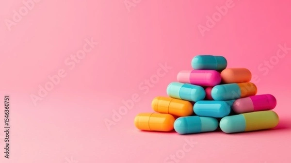 Obraz Colorful Capsules and Tablets Stacked on a Soft Pink Background for Health and Wellness
