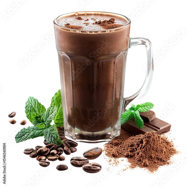 Fototapeta Highquality detailed image of brown smoothie in mug with mint leaves and cocoa powder on white background