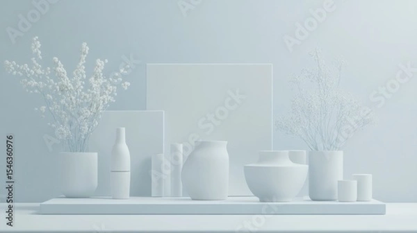 Obraz Minimalist Still Life Arrangement with White Vases and Floral Accents in Soft Lighting