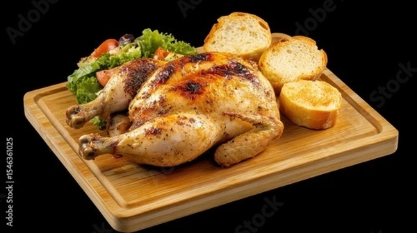 Obraz Juicy Roast Chicken with Fresh Salad and Toasted Bread on Cutting Board