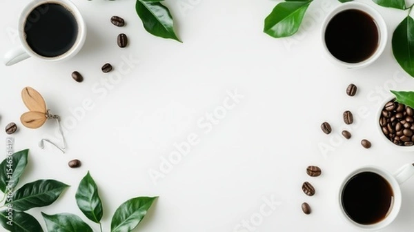 Obraz Coffee Cups Surrounded by Green Leaves and Coffee Beans on Light Background