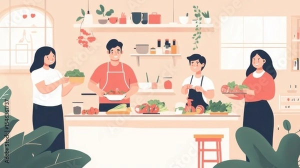 Obraz Group Cooking Together in Bright Kitchen with Fresh Vegetables and Joyful Collaboration