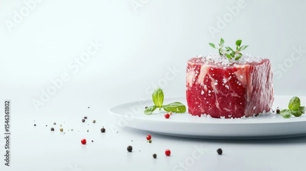 Obraz Fresh Raw Beef Cut on Plate Garnished with Herbs and Spices Against White Background