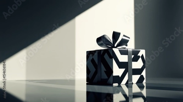 Obraz Stylish Black and White Gift Box with Bow in Dramatic Light and Shadow Play