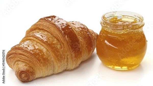 Obraz Freshly Baked Croissant with Honey Jar on a White Background