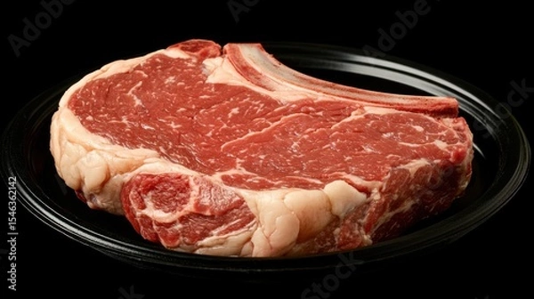 Obraz Fresh Ribeye Steak Cut with Marbling on Black Background for Culinary Use