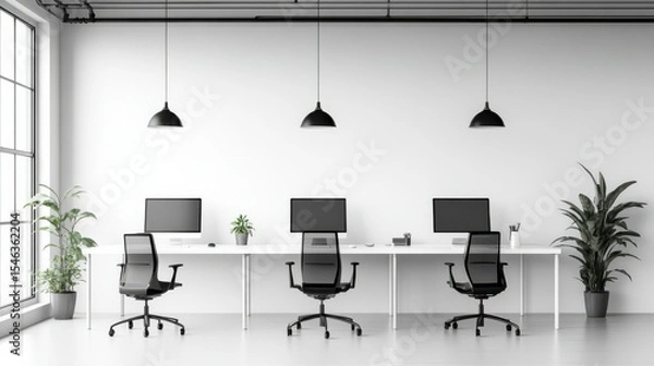 Obraz Modern Minimalist Workspace with Computers and Indoor Plants for Productive Environment