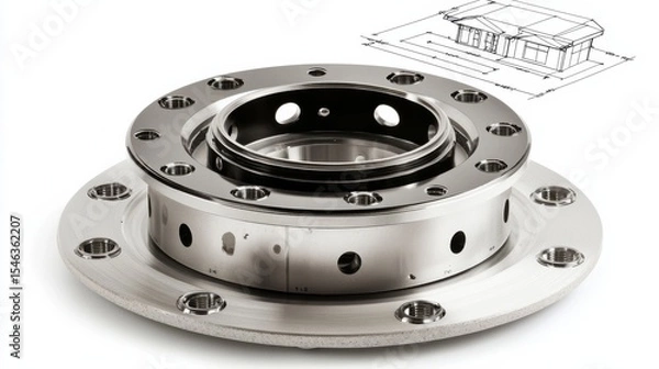 Obraz Precision Engineered Metal Component with Technical Blueprint Background in Studio