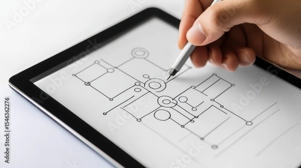 Obraz Hand Holding Pen Drawing Flowchart on Digital Tablet with Touchscreen Interface