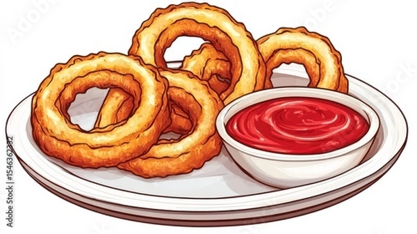 Obraz Crispy Onion Rings with Ketchup on a White Plate Delicious Appetizer Snack