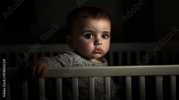 Obraz Thoughtful Baby in Crib with Soft Shadows and Warm Lighting in Cozy Nursery Setting