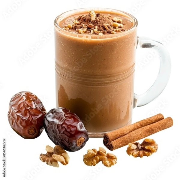 Fototapeta Rich caramel smoothie with walnuts dates and cinnamon clear isolated