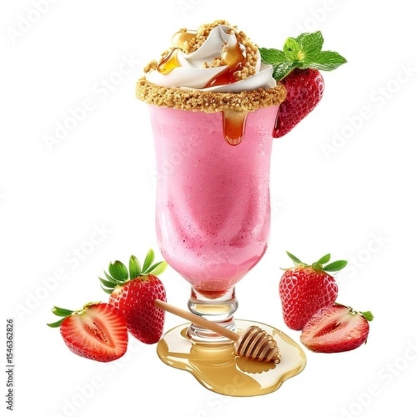 Fototapeta Highdefinition image of pink smoothie in fancy glass surrounded by strawberries and cream cheese on white background