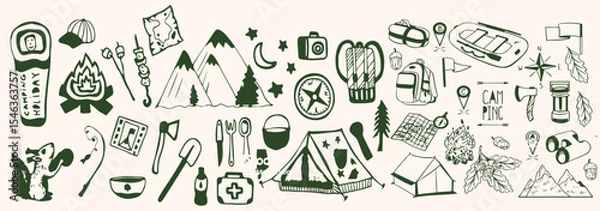 Fototapeta Hand-drawn travel and camping icons set in monochrome style