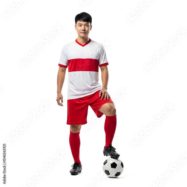 Fototapeta A soccer player in a red and white uniform poses with his foot on a soccer ball, smiling at the camera.