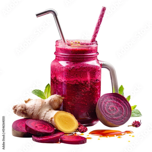 Fototapeta Vibrant magentared smoothie in mason jar with ingredients