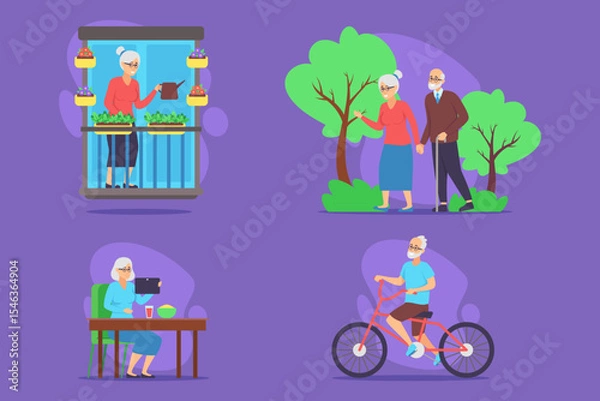 Obraz Set of scenes depicting seniors engaged in various joyful activities. Gardening, walking together, dining, and biking. Active lifestyles concept