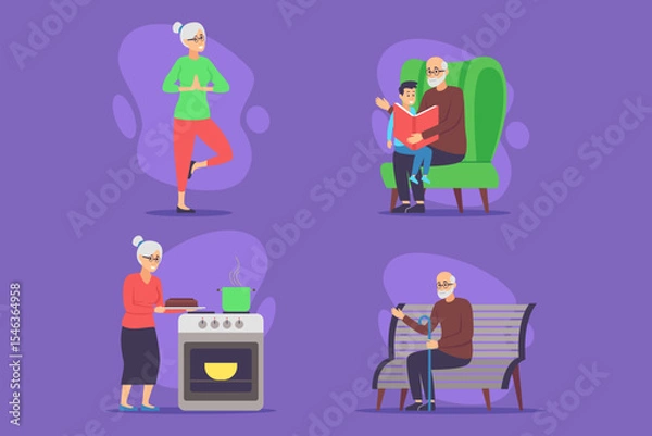 Obraz Various daily activities of elderly family members. Grandmother exercising, another preparing food, while grandfather sharing story with child