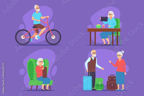 Obraz Colorful collection of elderly individuals engaged in various activities such as cycling, enjoying meal, knitting, and preparing for trip, highlighting their vibrant lifestyles