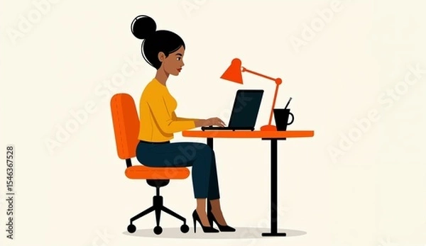 Fototapeta A woman is working at a desk with a laptop, lamp, and coffee cup.