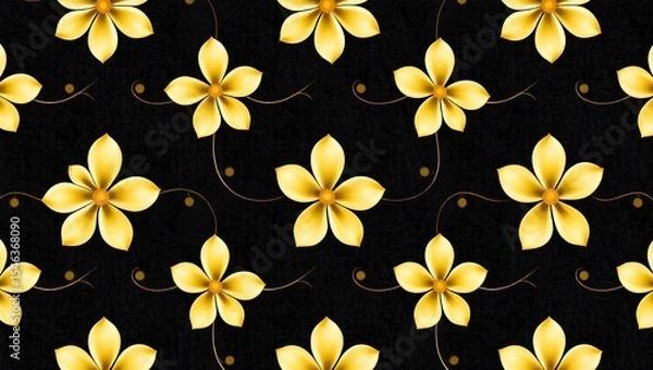 Fototapeta Digital seamless floral pattern with glossy six-petal flowers alternating between gold and white. Connected by swirling gold lines over a dark textured background. Luxurious and elegant aesthetic.

