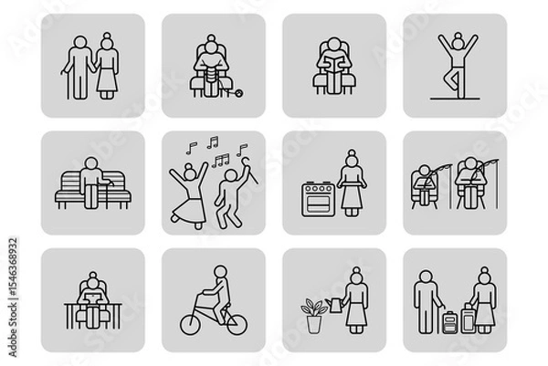 Obraz Collection of line art icons representing senior individuals engaging in different activities such as dancing, exercising, and gardening, showcasing vibrant lifestyles