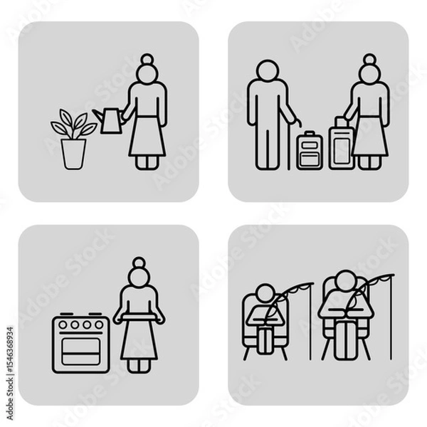 Obraz Collection of line drawings showcasing seniors engaged in various activities like watering plants, traveling, cooking, and fishing