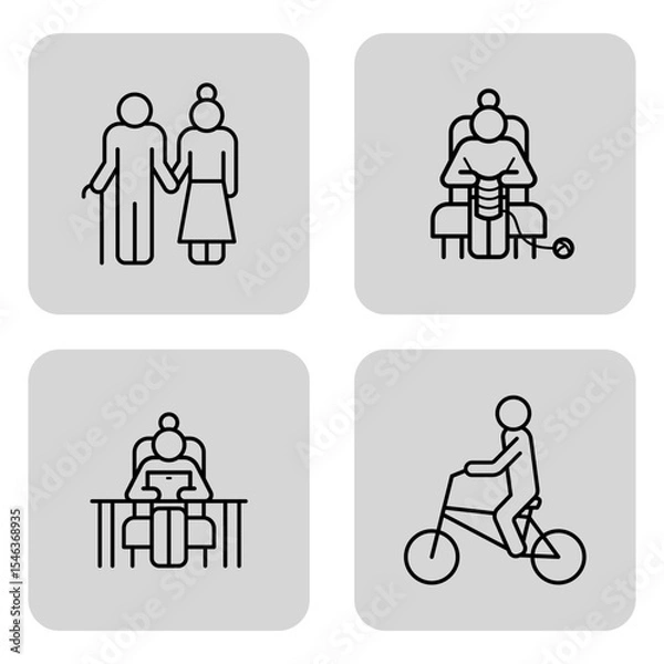Obraz Four line icons of diverse activities of seniors. Couple walking, knitting, working, and riding bicycle. Active lifestyles concept