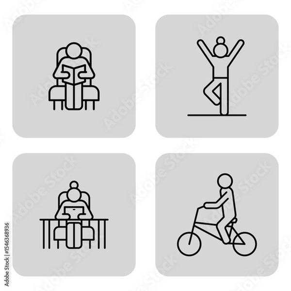 Obraz Four distinct line icons of senior adults enjoying activities. Reading, exercising, working at desk, and riding bicycle. Wellness and engagement concept