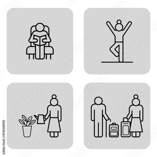 Obraz Collection of four line art icons depicting seniors engaged in various activities: reading, exercising, gardening, and traveling. Active lifestyle concept