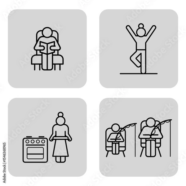 Obraz Four illustrations representing various activities of seniors, including reading, exercising, cooking, and crafting, Elder people interests and daily routines concept