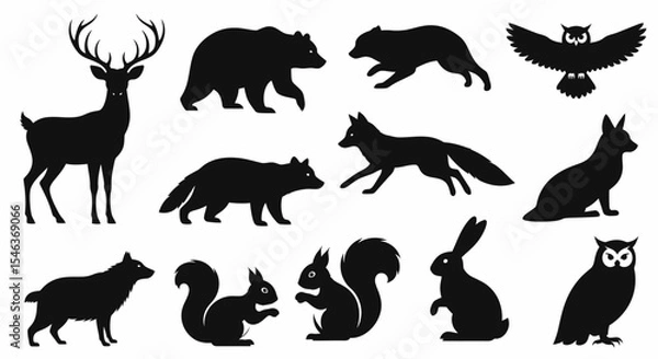 Fototapeta Silhouette Collection of Wild Animals in Forest Wildlife Icon Set